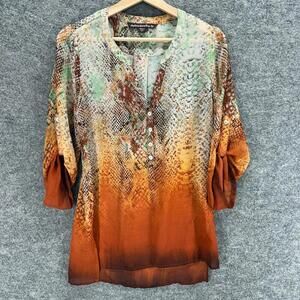 Sienna Rose Blouse Women XS Brown Animal Print V-Neck 3/4 Sleeve 1/2 Button
